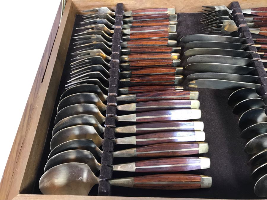Never Used 91 Piece Mint Jean-Claude Rosewood & Bronze Mid-Century Modern Complete Thailand Flatware & Servingware Set With Nice Wooden Storage Box [Photo 11]