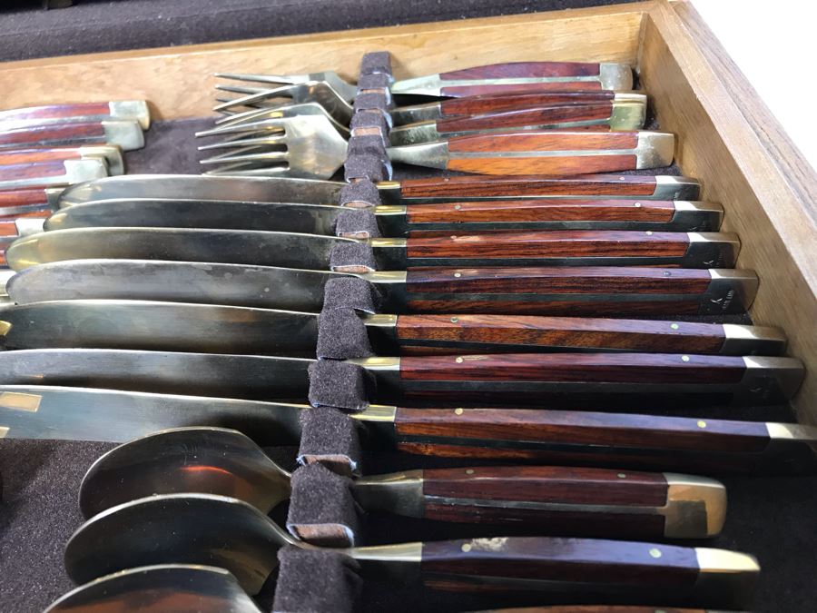 Never Used 91 Piece Mint Jean-Claude Rosewood & Bronze Mid-Century Modern Complete Thailand Flatware & Servingware Set With Nice Wooden Storage Box [Photo 15]