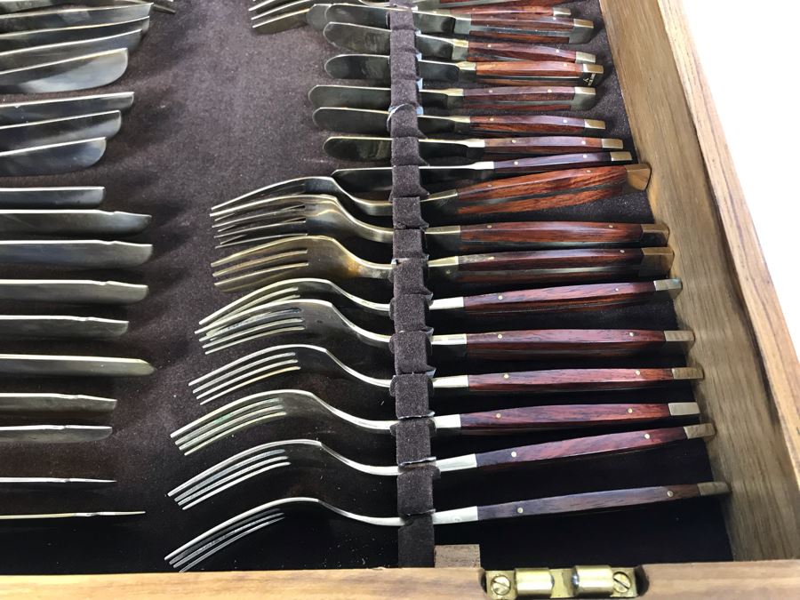 Never Used 91 Piece Mint Jean-Claude Rosewood & Bronze Mid-Century Modern Complete Thailand Flatware & Servingware Set With Nice Wooden Storage Box [Photo 25]