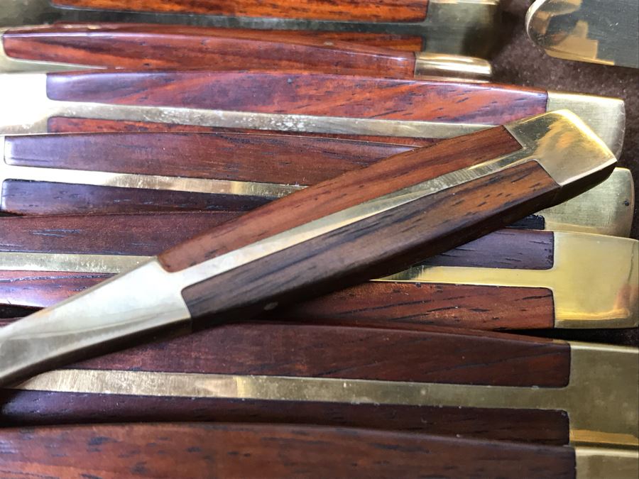 Never Used 91 Piece Mint Jean-Claude Rosewood & Bronze Mid-Century Modern Complete Thailand Flatware & Servingware Set With Nice Wooden Storage Box [Photo 17]