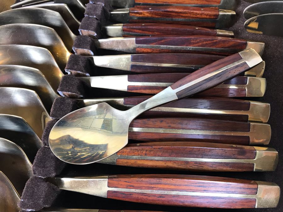 Never Used 91 Piece Mint Jean-Claude Rosewood & Bronze Mid-Century Modern Complete Thailand Flatware & Servingware Set With Nice Wooden Storage Box [Photo 16]