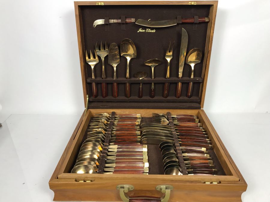 Never Used 91 Piece Mint Jean-Claude Rosewood & Bronze Mid-Century Modern Complete Thailand Flatware & Servingware Set With Nice Wooden Storage Box [Photo 7]