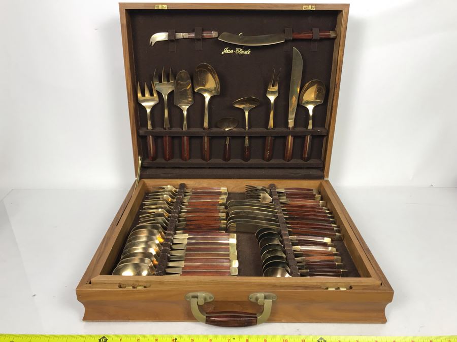 Never Used 91 Piece Mint Jean-Claude Rosewood & Bronze Mid-Century Modern Complete Thailand Flatware & Servingware Set With Nice Wooden Storage Box [Photo 5]
