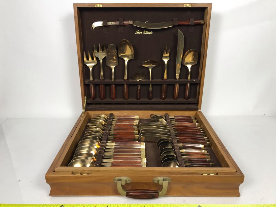 Never Used 91 Piece Mint Jean-Claude Rosewood & Bronze Mid-Century Modern Complete Thailand Flatware & Servingware Set With Nice Wooden Storage Box [Photo 4]