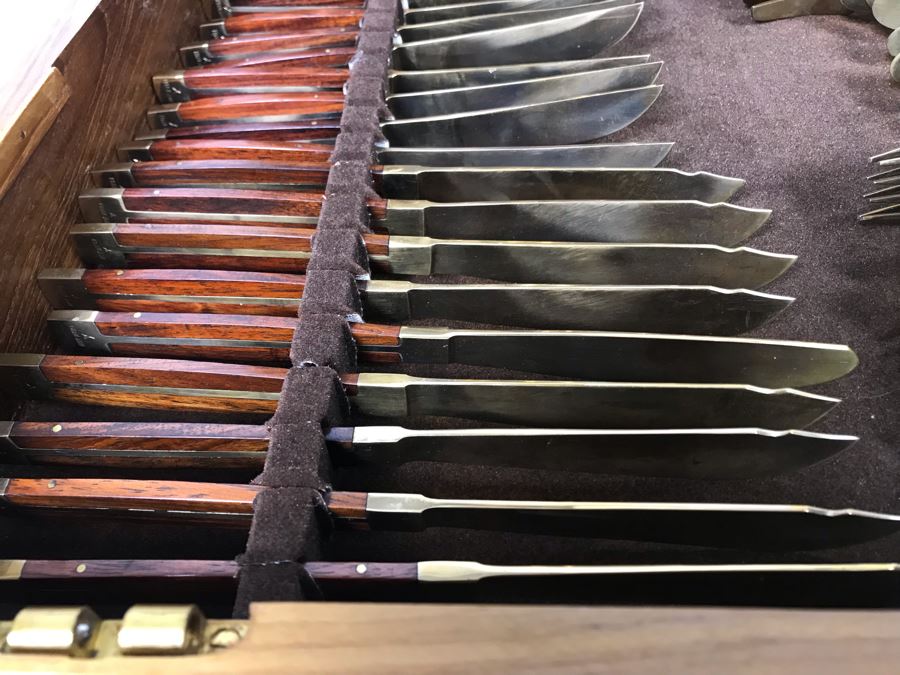 Never Used 91 Piece Mint Jean-Claude Rosewood & Bronze Mid-Century Modern Complete Thailand Flatware & Servingware Set With Nice Wooden Storage Box [Photo 22]