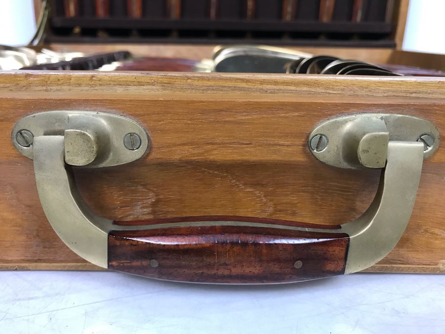 Never Used 91 Piece Mint Jean-Claude Rosewood & Bronze Mid-Century Modern Complete Thailand Flatware & Servingware Set With Nice Wooden Storage Box [Photo 29]