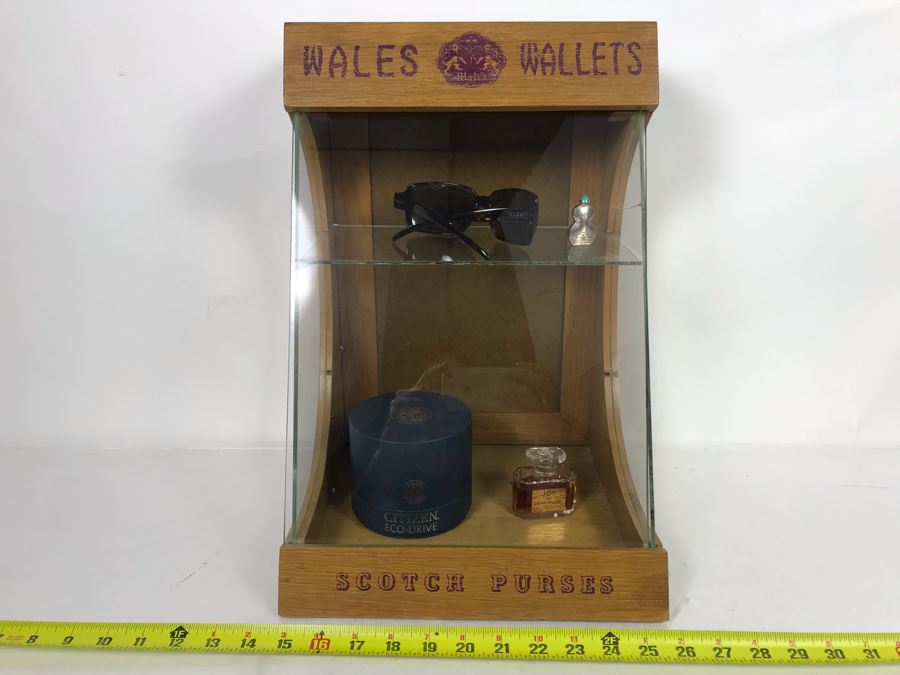 Original English Wales Wallets Scotch Purses Mercantile Store Countertop Display Case (Right Side Glass Has A Crack - Doesn't Include Items In Case) 11.5W X 10.5D X 16.5H [Photo 2]