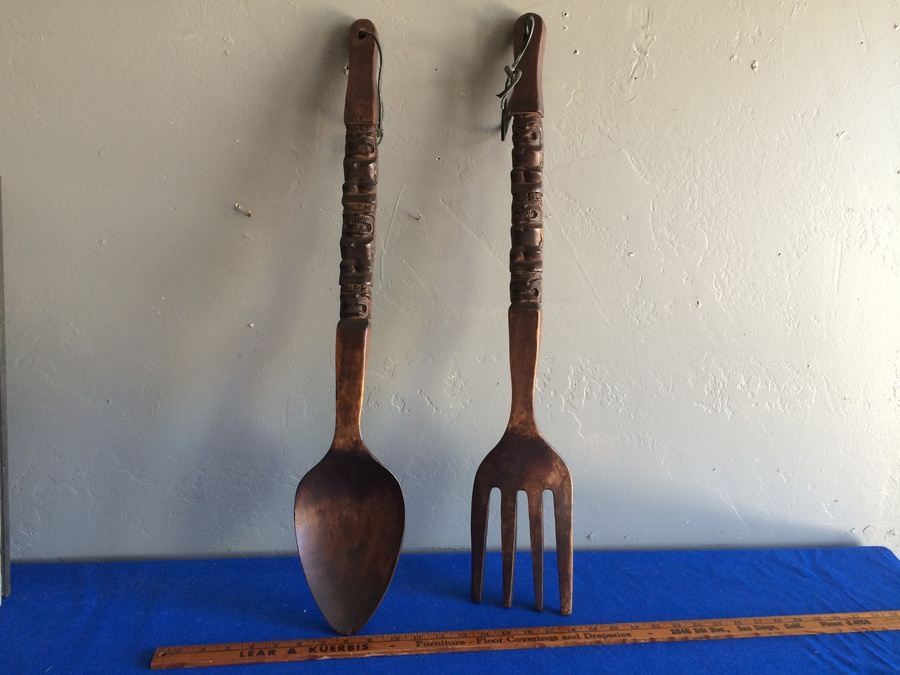 Large Carved Spoon and Fork