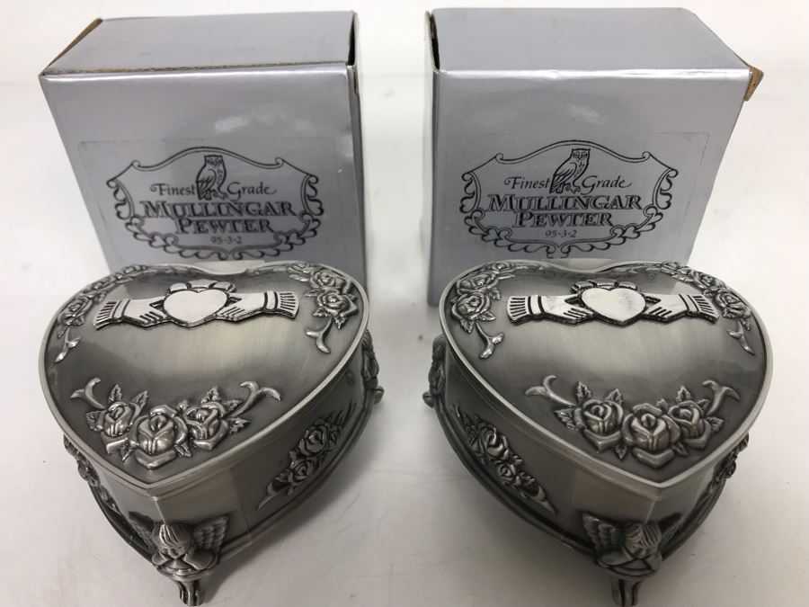 Pair Of New Mullingar Pewter Ireland Heart Shaped Jewelry Boxes