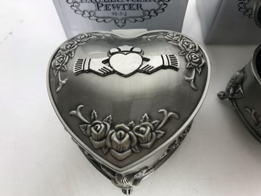 Pair Of New Mullingar Pewter Ireland Heart Shaped Jewelry Boxes [Photo 4]