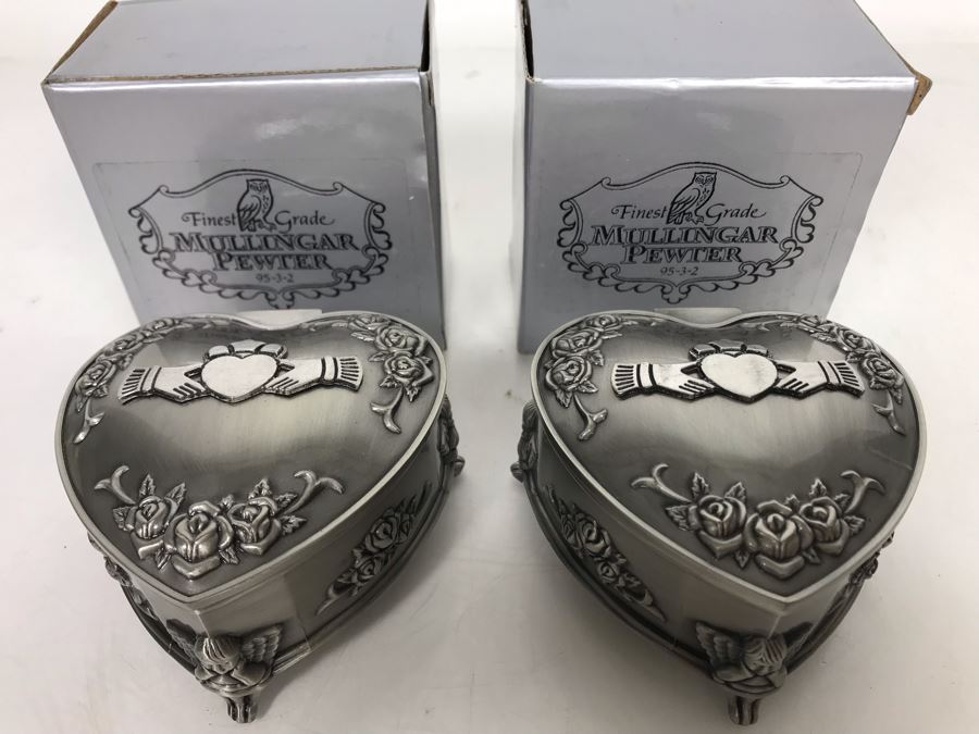 Pair Of New Mullingar Pewter Ireland Heart Shaped Jewelry Boxes [Photo 2]
