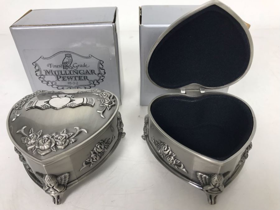 Pair Of New Mullingar Pewter Ireland Heart Shaped Jewelry Boxes [Photo 3]
