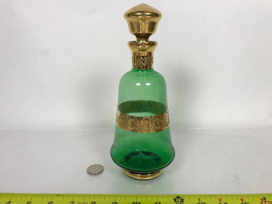 Hand Blown Italian Gold Decorated Glass Bottle With Stopper 4W X 9H
