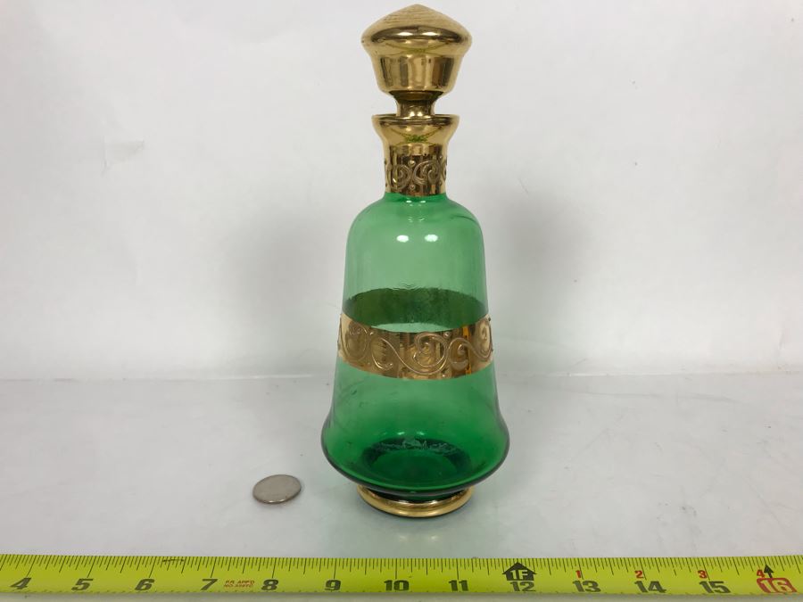Hand Blown Italian Gold Decorated Glass Bottle With Stopper 4W X 9H [Photo 2]