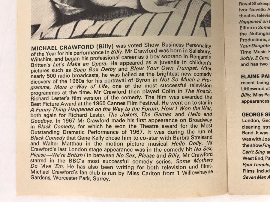 Pair Of Hand Signed Michael Crawford Theatre Musical Programs Billy Theatre Royal Drury Lane [Photo 12]