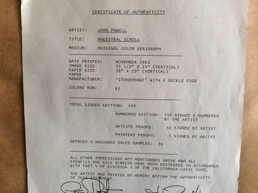 John Powell Color Serigraph Ancestral Scroll 339/350 Hand Signed by Artist [Photo 10]