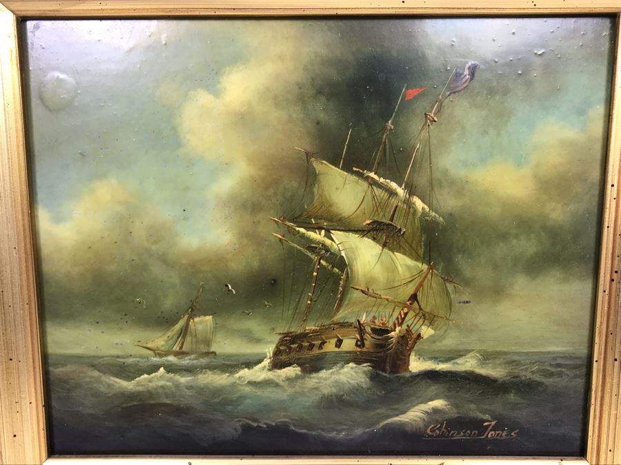 Original Listed English Artist Robinson Jones Sailing Ship Painting (Frame: 18 X 16.5, Board: 10 X 8) [Photo 14]
