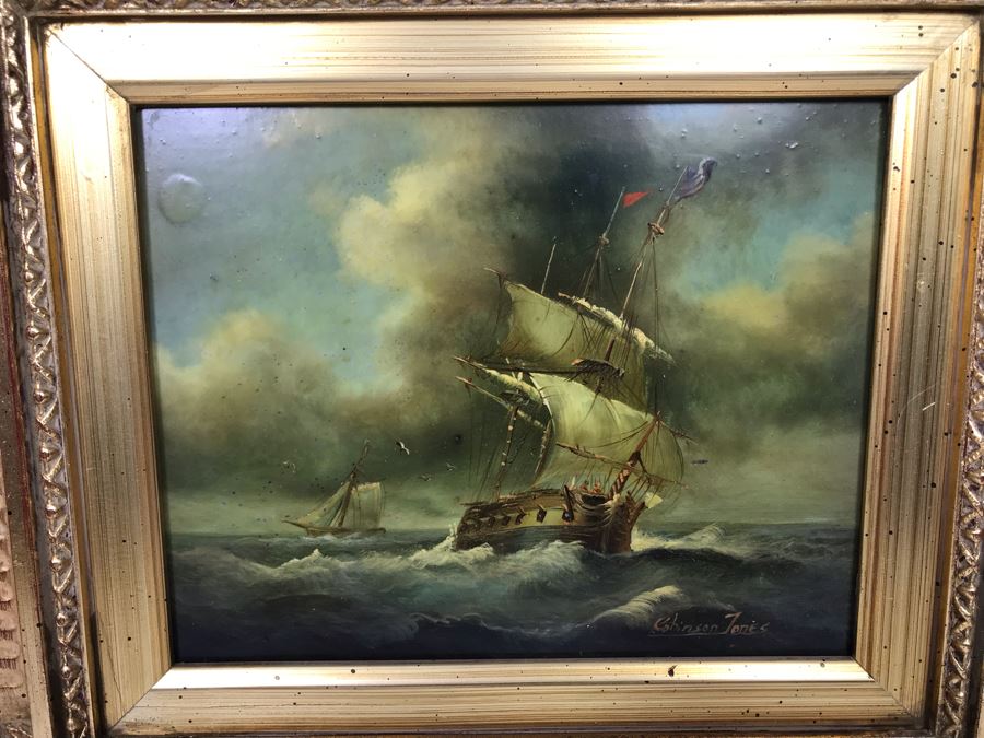 Original Listed English Artist Robinson Jones Sailing Ship Painting (Frame: 18 X 16.5, Board: 10 X 8) [Photo 3]