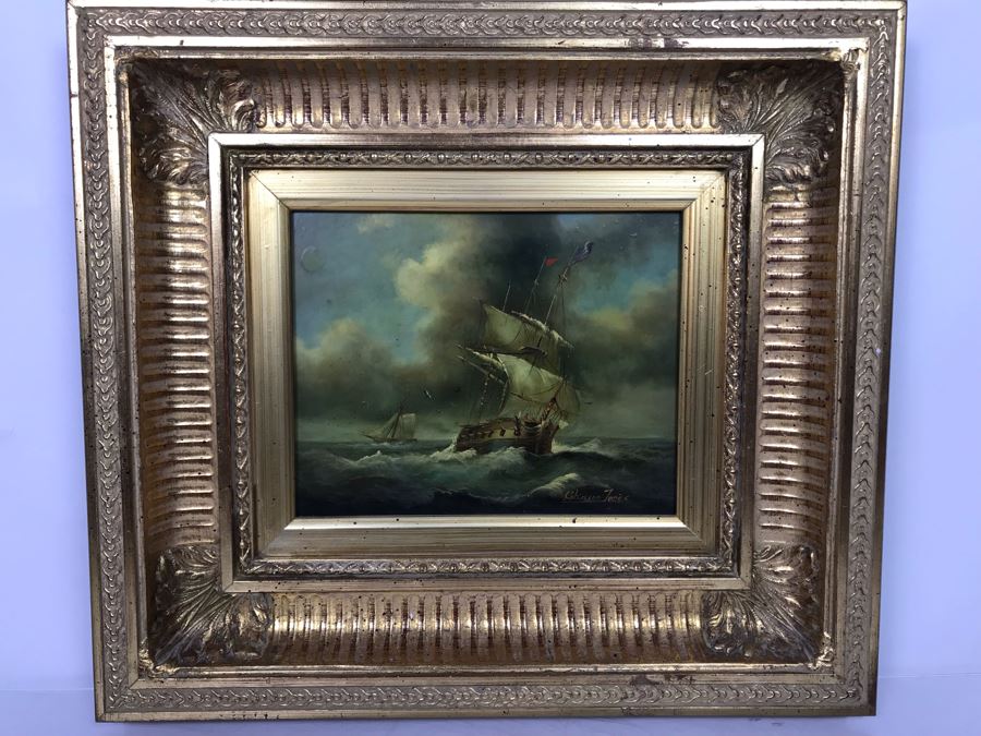 Original Listed English Artist Robinson Jones Sailing Ship Painting (Frame: 18 X 16.5, Board: 10 X 8) [Photo 22]