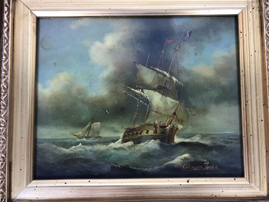Original Listed English Artist Robinson Jones Sailing Ship Painting (Frame: 18 X 16.5, Board: 10 X 8) [Photo 32]