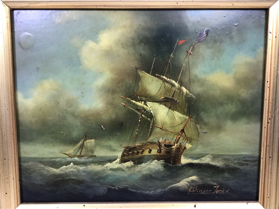 Original Listed English Artist Robinson Jones Sailing Ship Painting (Frame: 18 X 16.5, Board: 10 X 8) [Photo 2]