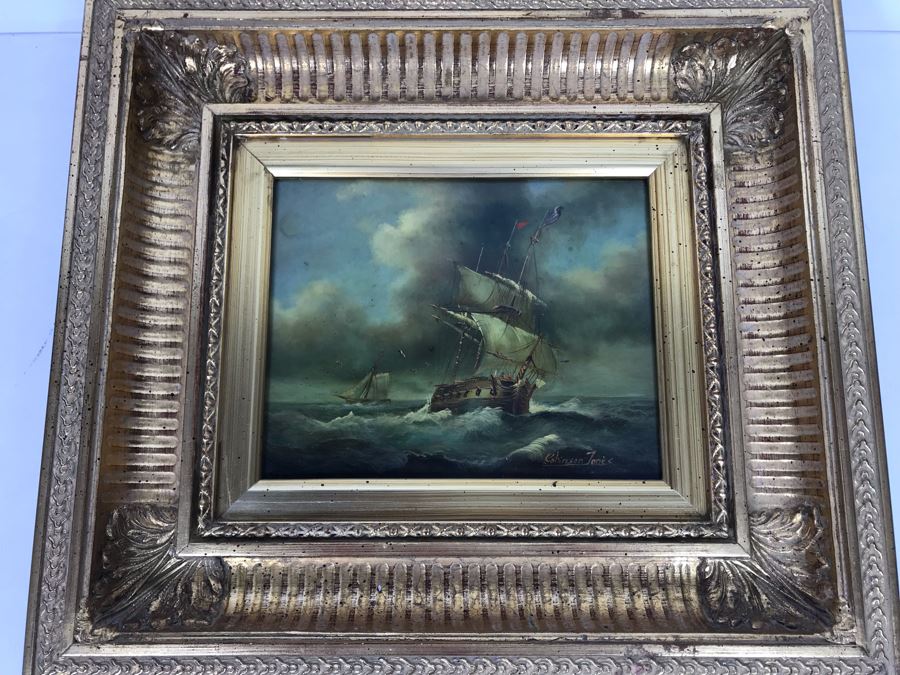 Original Listed English Artist Robinson Jones Sailing Ship Painting (Frame: 18 X 16.5, Board: 10 X 8) [Photo 31]