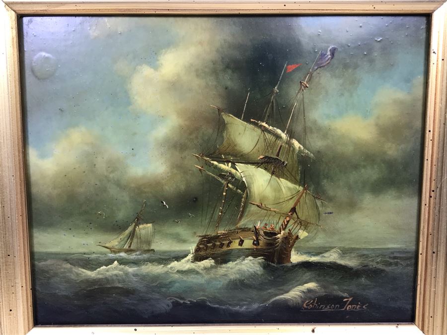 Original Listed English Artist Robinson Jones Sailing Ship Painting (Frame: 18 X 16.5, Board: 10 X 8) [Photo 4]