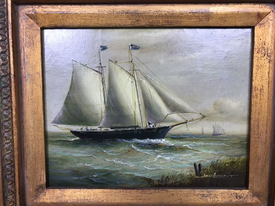 Original Listed Artist Jean Michel Laurent Sailing Ship Painting On Canvas In Stunning Frame (Frame: 20 X 18, Canvas: 10 X 8) [Photo 10]