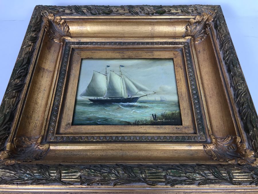 Original Listed Artist Jean Michel Laurent Sailing Ship Painting On Canvas In Stunning Frame (Frame: 20 X 18, Canvas: 10 X 8) [Photo 22]