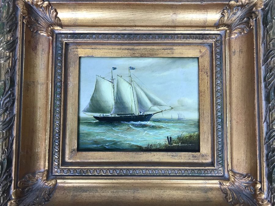 Original Listed Artist Jean Michel Laurent Sailing Ship Painting On Canvas In Stunning Frame (Frame: 20 X 18, Canvas: 10 X 8) [Photo 24]