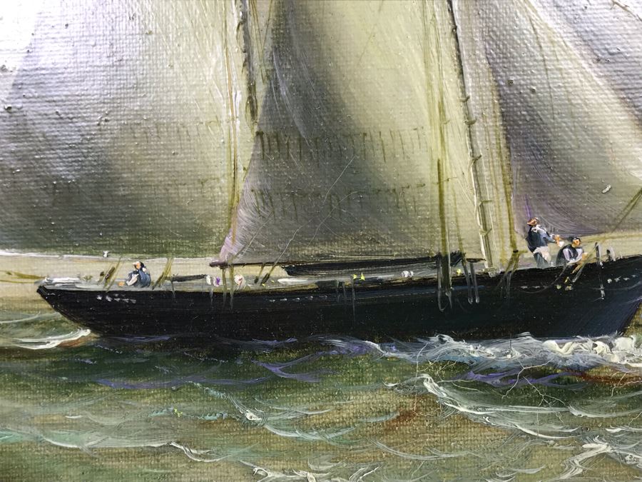 Original Listed Artist Jean Michel Laurent Sailing Ship Painting On Canvas In Stunning Frame (Frame: 20 X 18, Canvas: 10 X 8) [Photo 11]