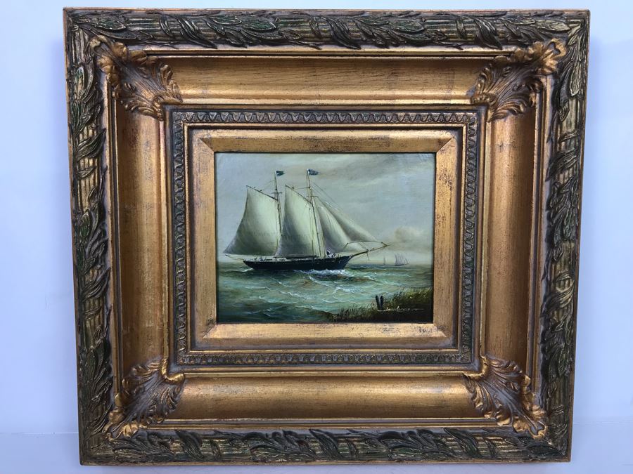 Original Listed Artist Jean Michel Laurent Sailing Ship Painting On Canvas In Stunning Frame (Frame: 20 X 18, Canvas: 10 X 8) [Photo 15]