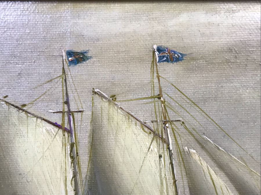 Original Listed Artist Jean Michel Laurent Sailing Ship Painting On Canvas In Stunning Frame (Frame: 20 X 18, Canvas: 10 X 8) [Photo 6]