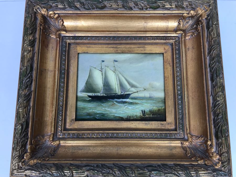 Original Listed Artist Jean Michel Laurent Sailing Ship Painting On Canvas In Stunning Frame (Frame: 20 X 18, Canvas: 10 X 8) [Photo 23]