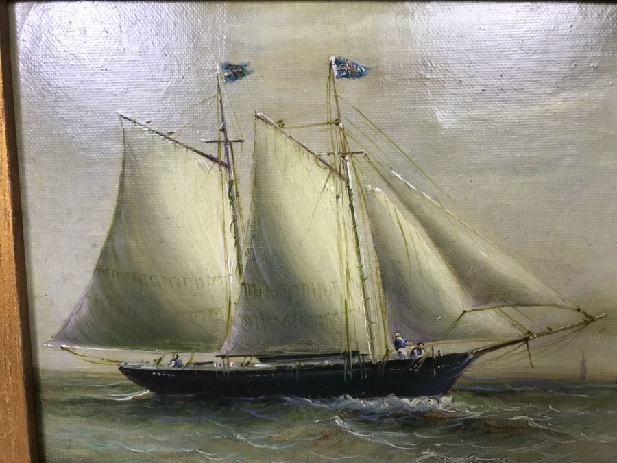 Original Listed Artist Jean Michel Laurent Sailing Ship Painting On Canvas In Stunning Frame (Frame: 20 X 18, Canvas: 10 X 8) [Photo 5]