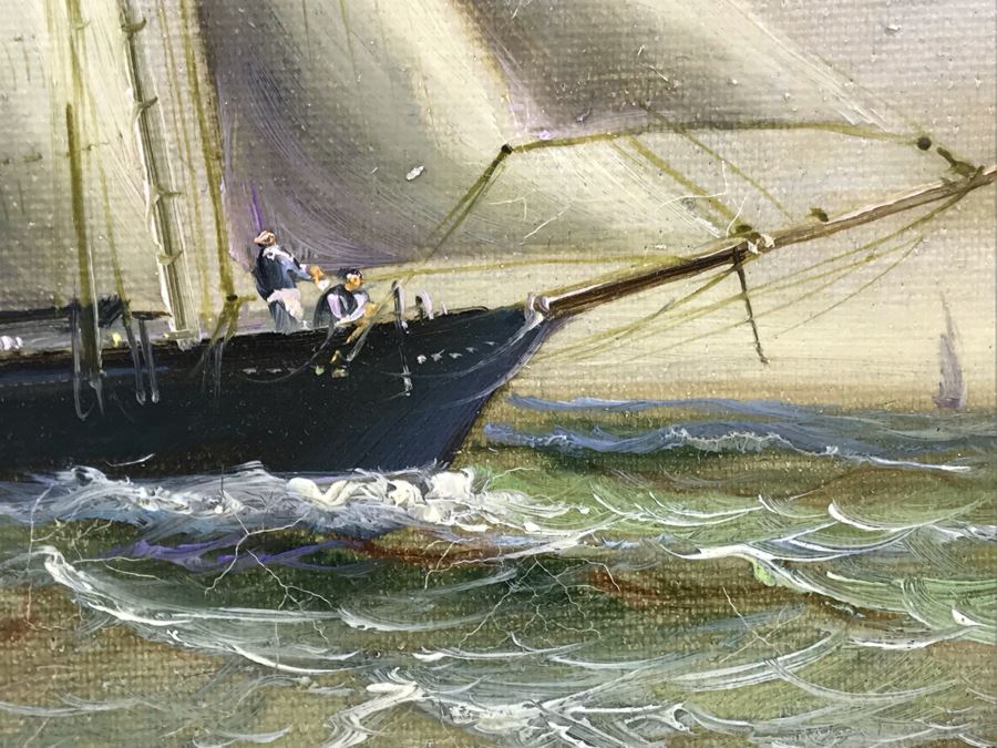 Original Listed Artist Jean Michel Laurent Sailing Ship Painting On Canvas In Stunning Frame (Frame: 20 X 18, Canvas: 10 X 8) [Photo 7]