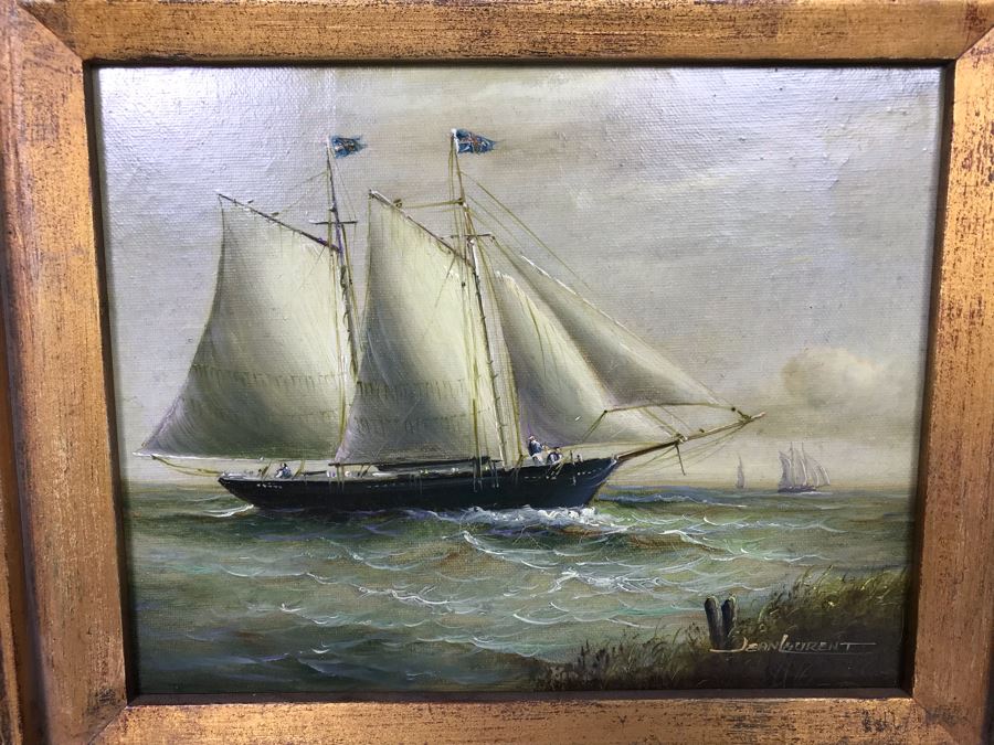 Original Listed Artist Jean Michel Laurent Sailing Ship Painting On Canvas In Stunning Frame (Frame: 20 X 18, Canvas: 10 X 8) [Photo 4]
