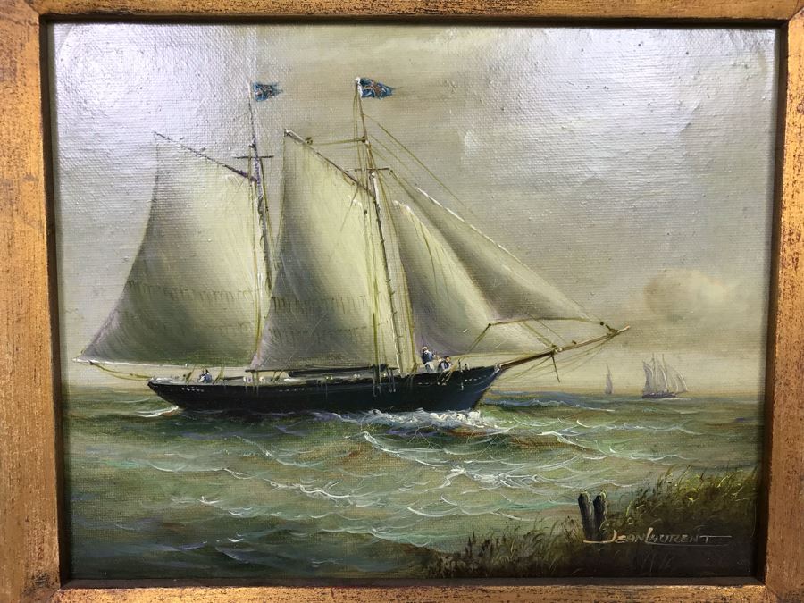 Original Listed Artist Jean Michel Laurent Sailing Ship Painting On Canvas In Stunning Frame (Frame: 20 X 18, Canvas: 10 X 8) [Photo 3]