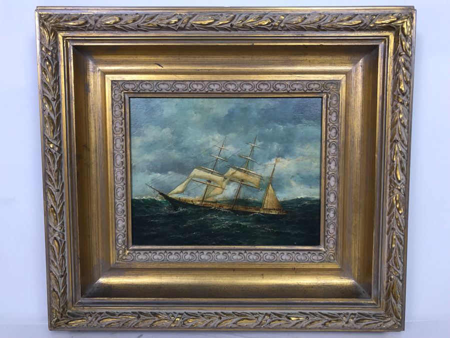 Original Signed Sailing Ship Painting On Board - Signature Illegible (Frame: 18 X 16, Board: 10 X 8) [Photo 27]