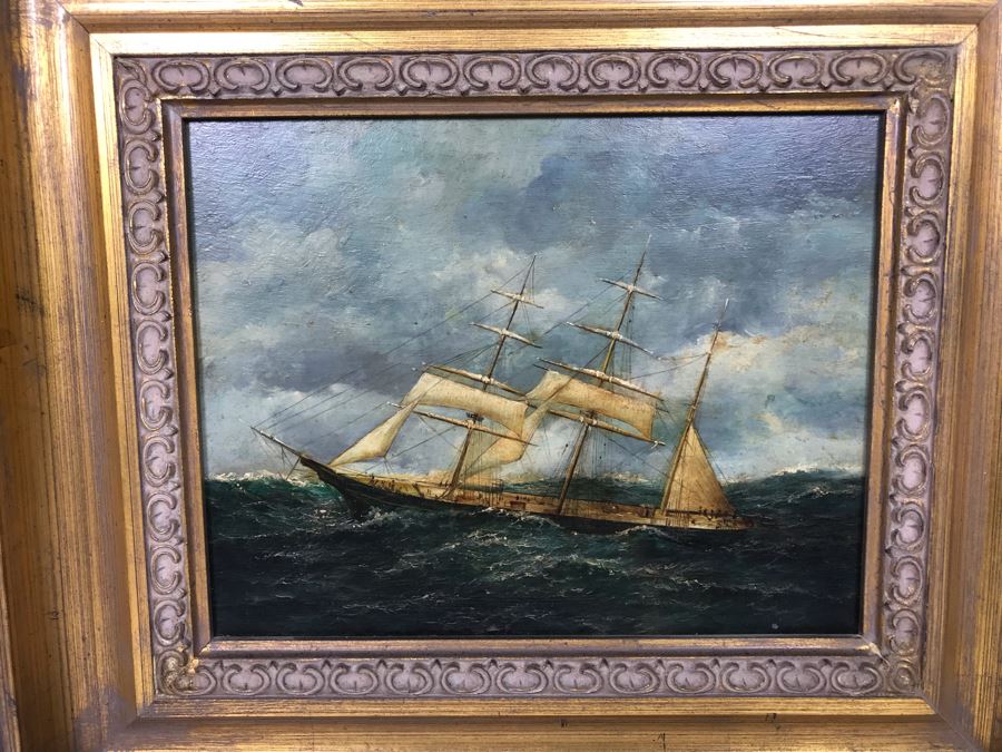 Original Signed Sailing Ship Painting On Board - Signature Illegible (Frame: 18 X 16, Board: 10 X 8) [Photo 2]