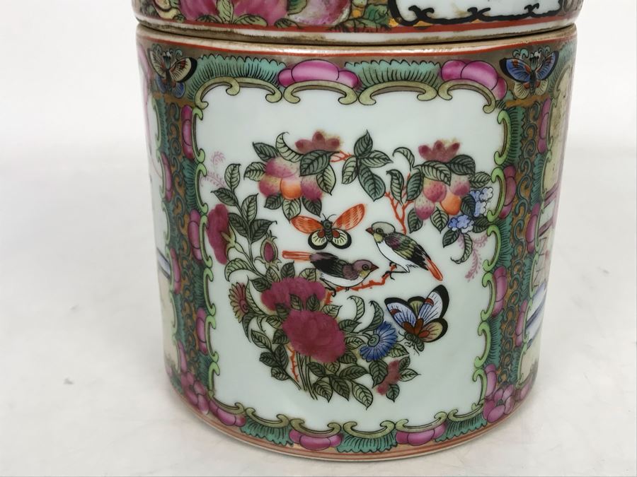 Stunning Signed Hand Painted Vintage Chinese Famille Rose Round Porcelain Tea Caddy Box With Lid 5.5W X 9.5H - See Photos  [Photo 21]