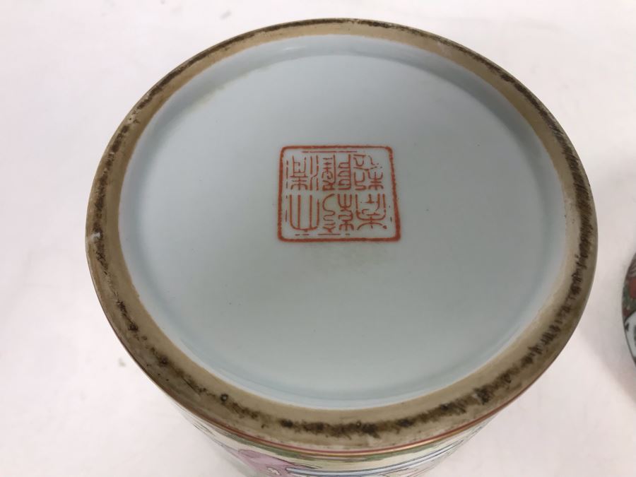 Stunning Signed Hand Painted Vintage Chinese Famille Rose Round Porcelain Tea Caddy Box With Lid 5.5W X 9.5H - See Photos  [Photo 24]