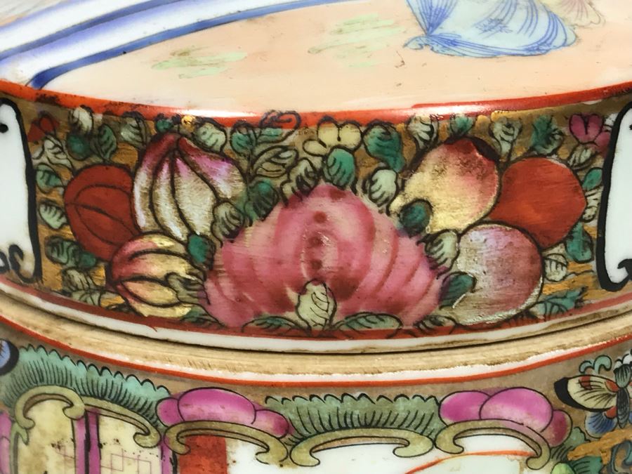 Stunning Signed Hand Painted Vintage Chinese Famille Rose Round Porcelain Tea Caddy Box With Lid 5.5W X 9.5H - See Photos  [Photo 11]