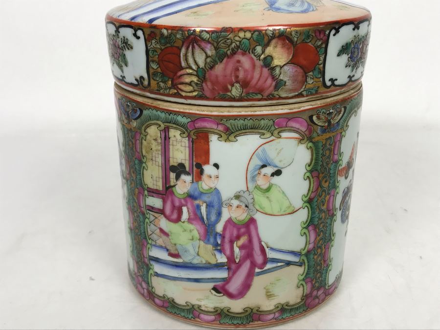 Stunning Signed Hand Painted Vintage Chinese Famille Rose Round Porcelain Tea Caddy Box With Lid 5.5W X 9.5H - See Photos  [Photo 7]