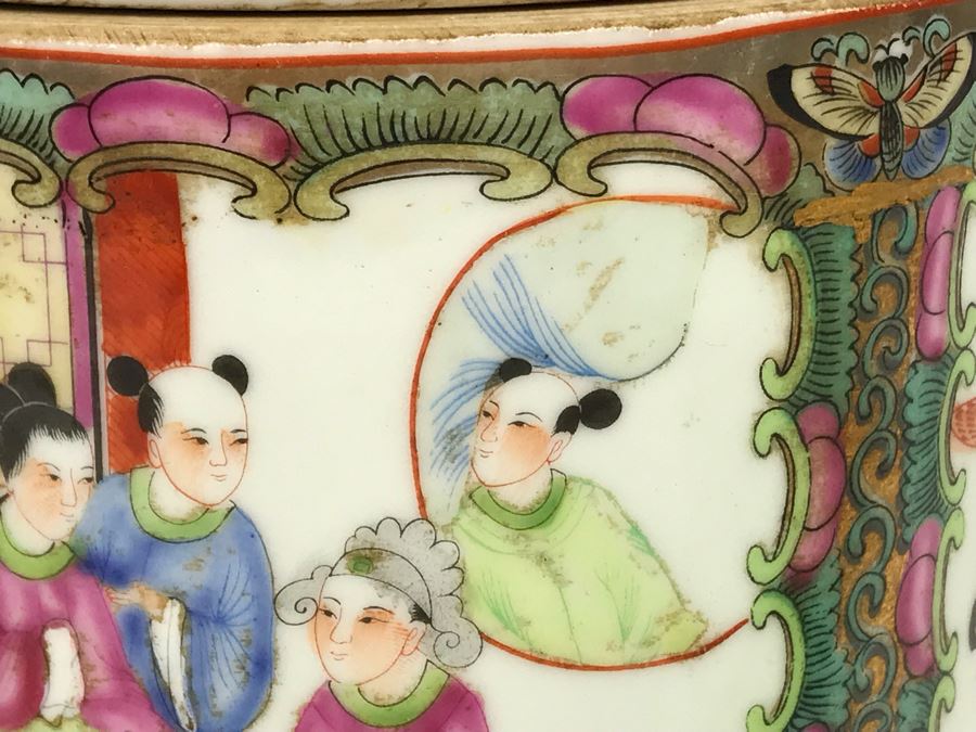 Stunning Signed Hand Painted Vintage Chinese Famille Rose Round Porcelain Tea Caddy Box With Lid 5.5W X 9.5H - See Photos  [Photo 10]