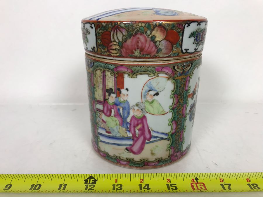 Stunning Signed Hand Painted Vintage Chinese Famille Rose Round Porcelain Tea Caddy Box With Lid 5.5W X 9.5H - See Photos 