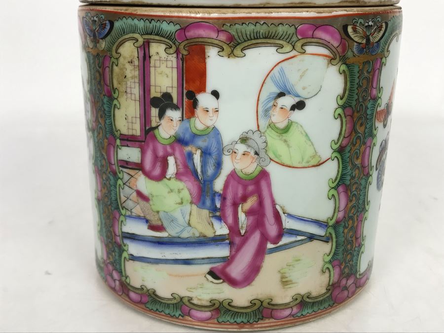 Stunning Signed Hand Painted Vintage Chinese Famille Rose Round Porcelain Tea Caddy Box With Lid 5.5W X 9.5H - See Photos  [Photo 8]
