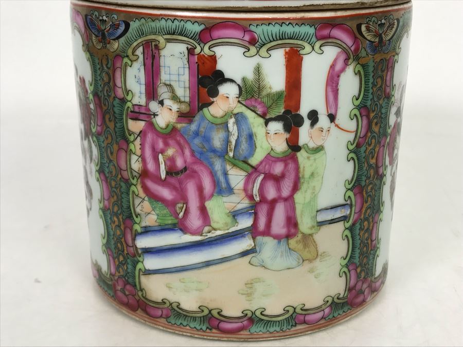 Stunning Signed Hand Painted Vintage Chinese Famille Rose Round Porcelain Tea Caddy Box With Lid 5.5W X 9.5H - See Photos  [Photo 16]
