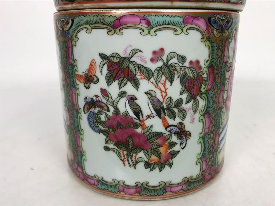 Stunning Signed Hand Painted Vintage Chinese Famille Rose Round Porcelain Tea Caddy Box With Lid 5.5W X 9.5H - See Photos  [Photo 14]