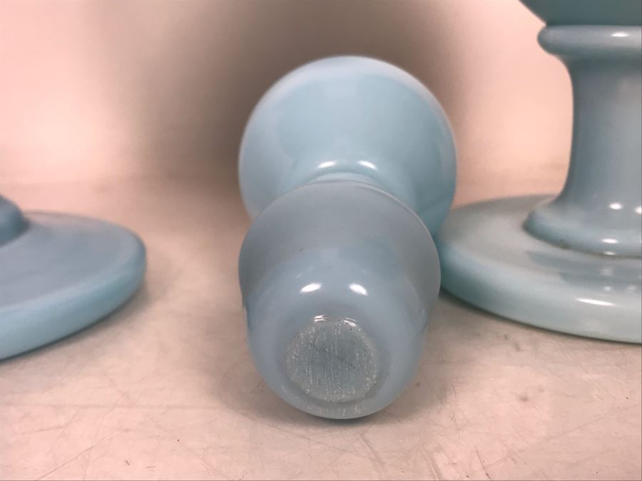 Pair Of Large Vintage Hand Blown Light Blue Apothecary Bottles With Glass Stoppers 17H And 15H [Photo 6]